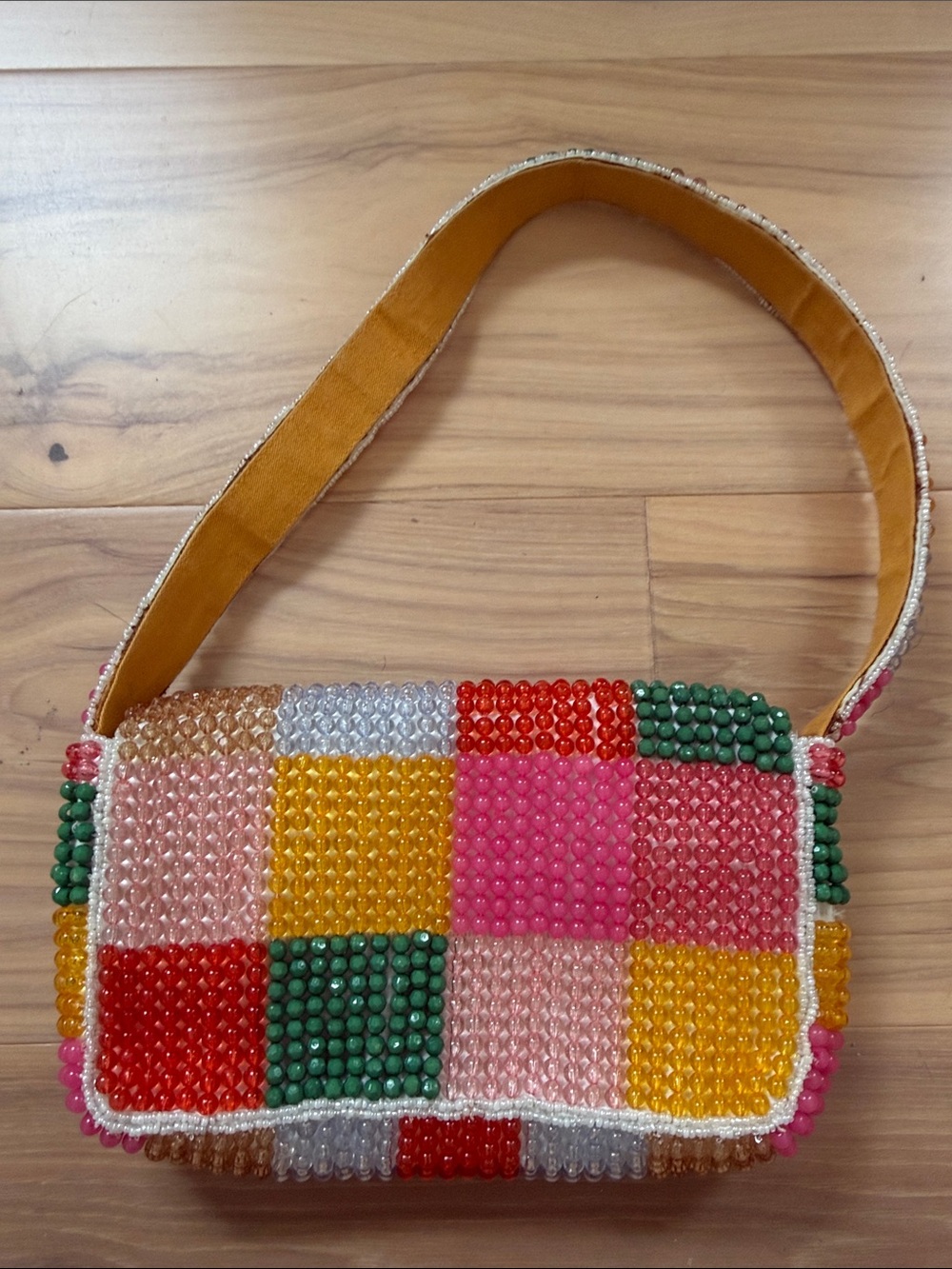 Anthropologie Beaded Patchwork Shoulder Bag in Green, Pink, Yellow, Red, Cream - Picture 6 of 8